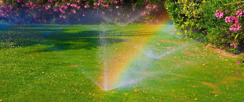 Sprinkler heads watering a lawn in Greenwood Village, CO.