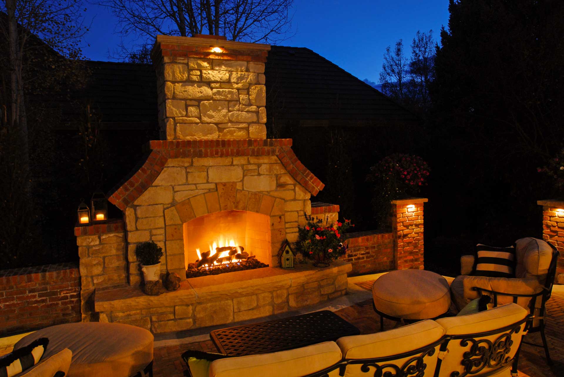 Outdoor fireplace at night